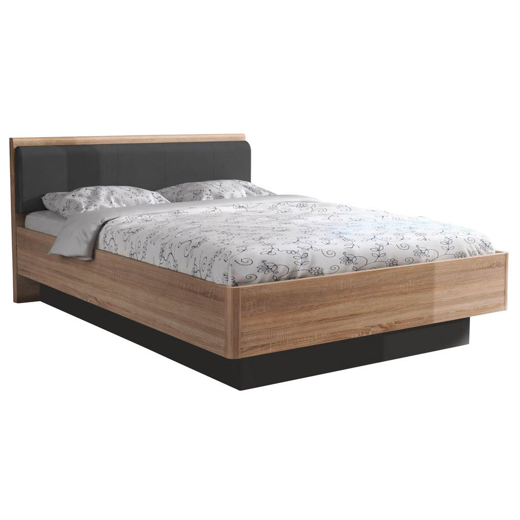 POSTELJA 140 cm  x 200 cm , tekstil, leseni material siva, hrast sonoma