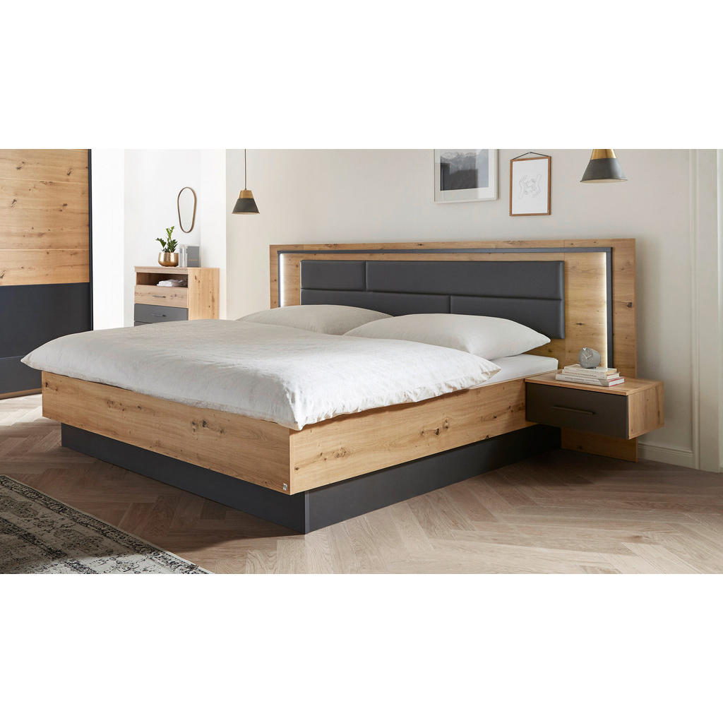 POSTELJNA GARNITURA 180 cm x 200 cm , tekstil, leseni material siva, hrast artisan