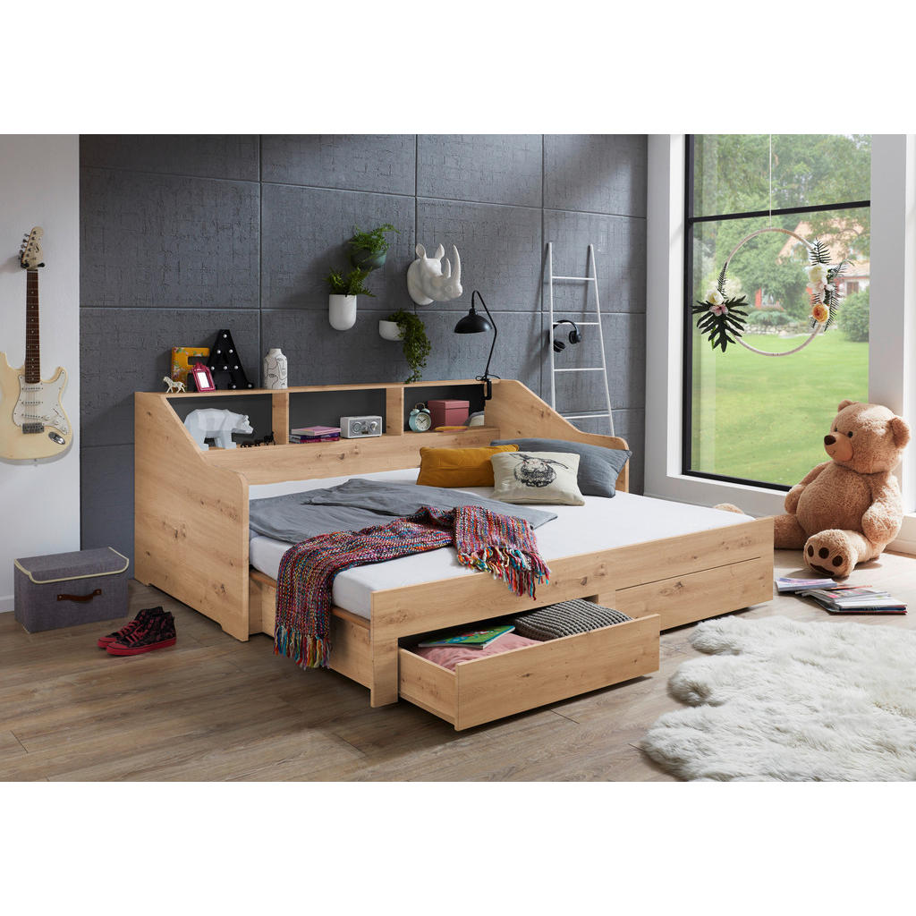 Alternative view of RAZTEGLJIVA POSTELJA 90 cm  x 200 cm , temno siva, hrast artisan