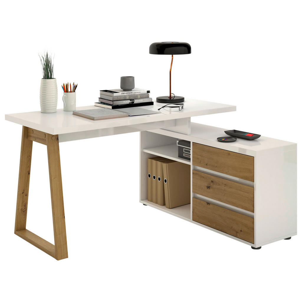 KOTNA PISALNA MIZA leseni material bela, hrast artisan