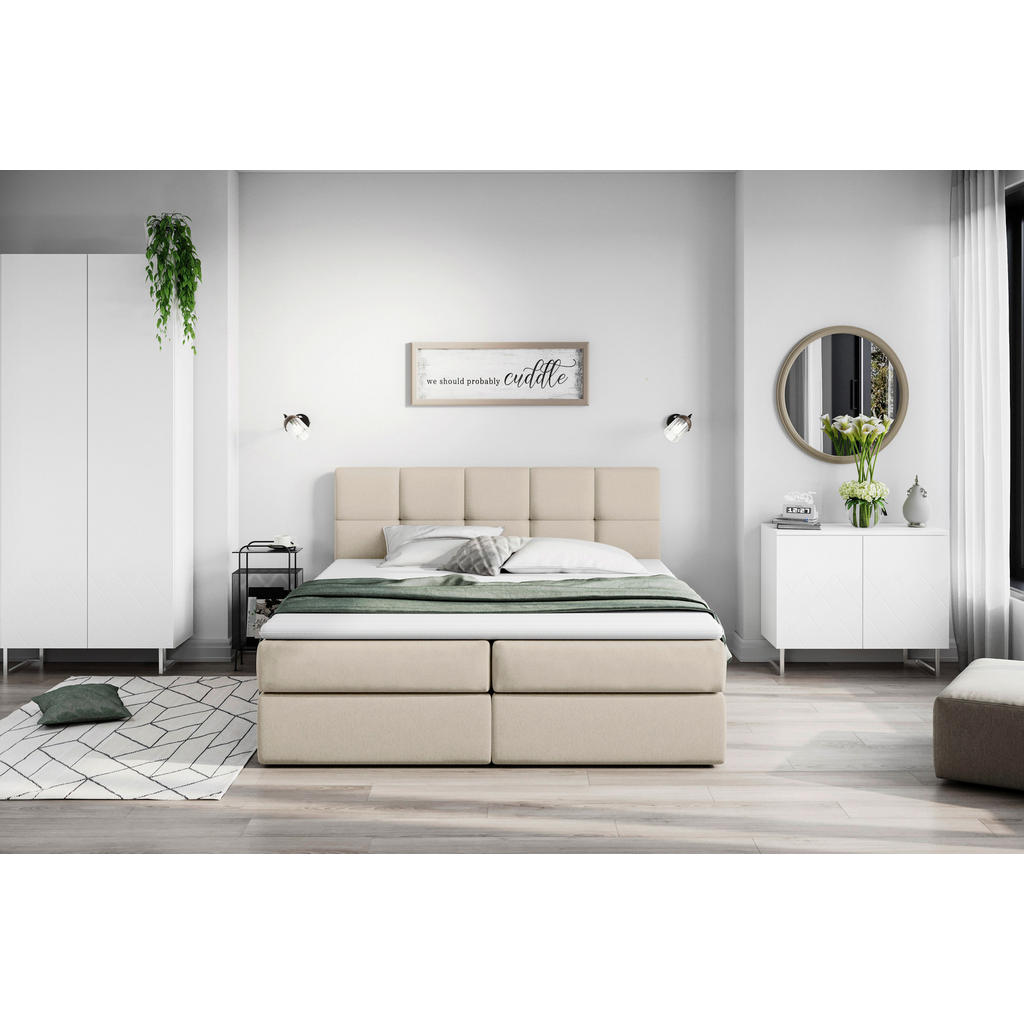 POSTELJA Z VZMETNICO 200 cm x 220 cm , les, tekstil, leseni material krem barve - slika 6