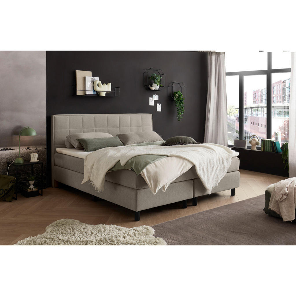 POSTELJA Z VZMETNICO 180 cm  x 200 cm , tekstil, leseni material peščene barve