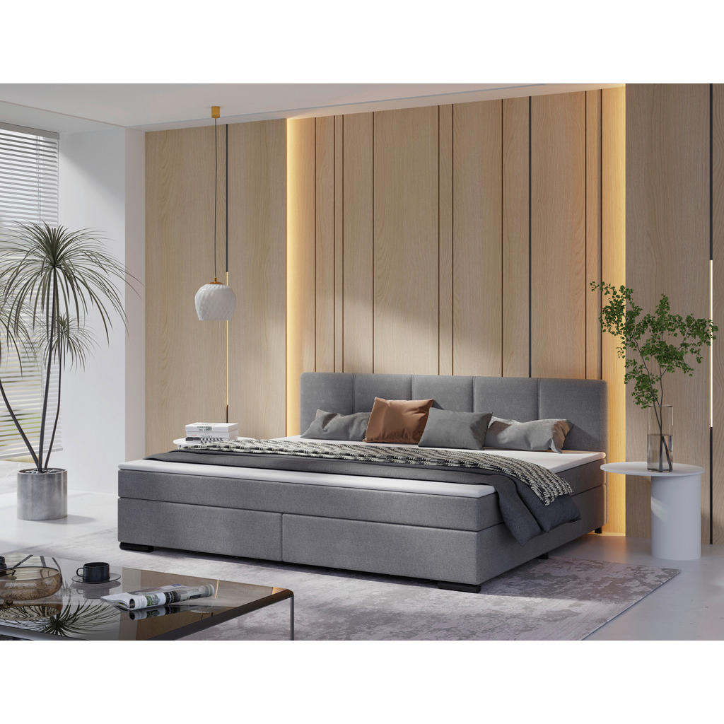 POSTELJA BOXSPRING 240 cm  x 200 cm , les, tekstil, karton svetlo siva