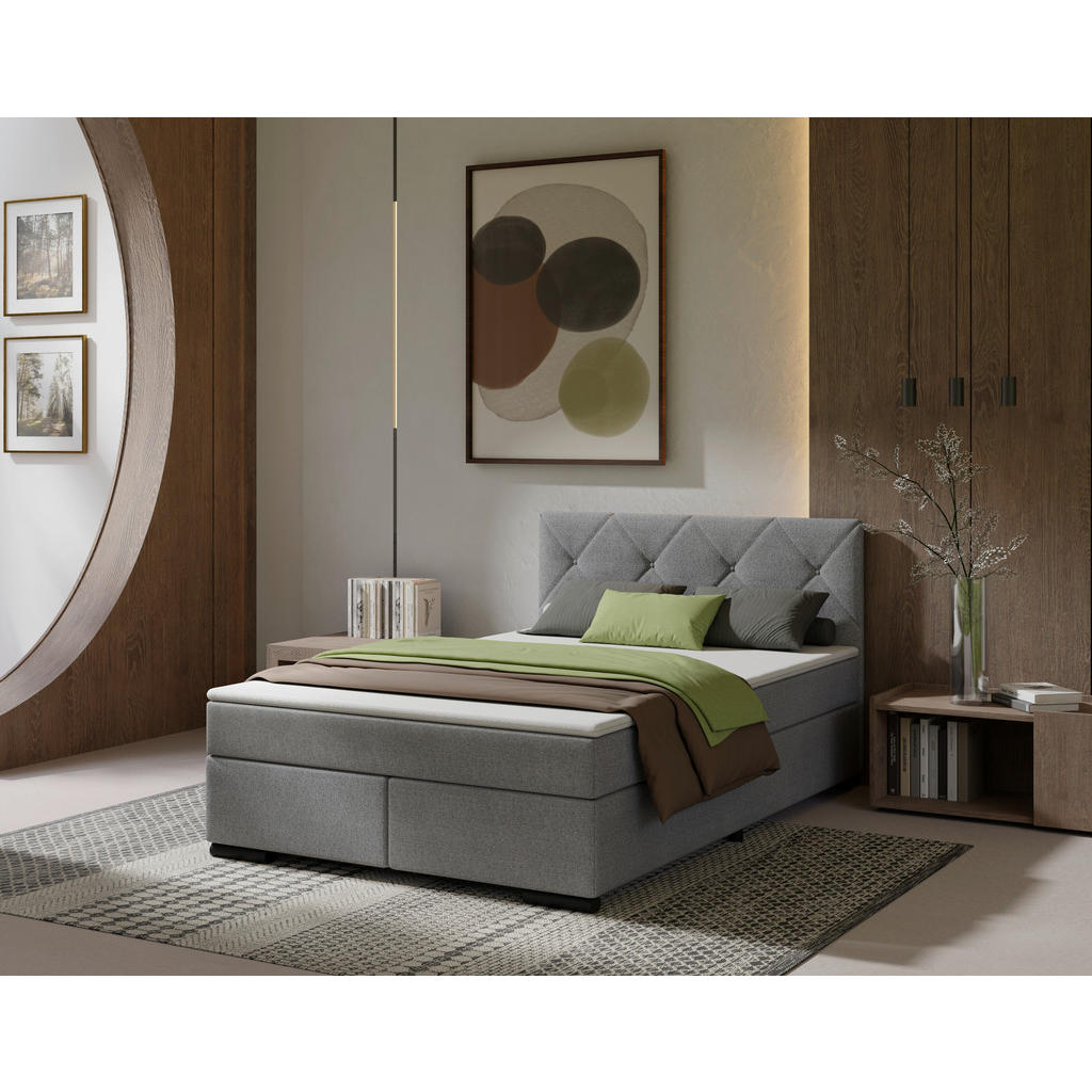 POSTELJA BOXSPRING 140 cm  x 220 cm , les, tekstil, karton svetlo siva