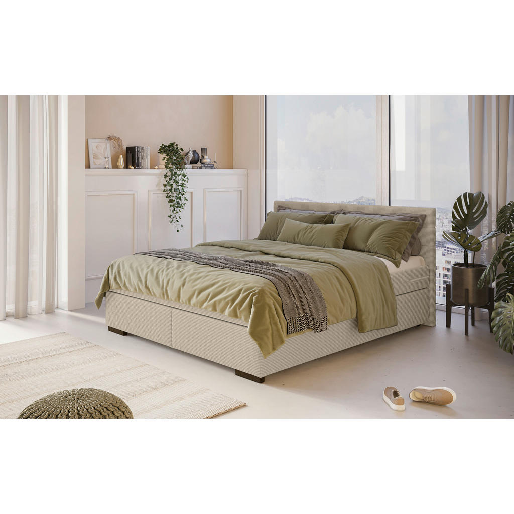 POSTELJA Z VZMETNICO 140 cm  x 200 cm , les, tekstil, leseni material krem barve