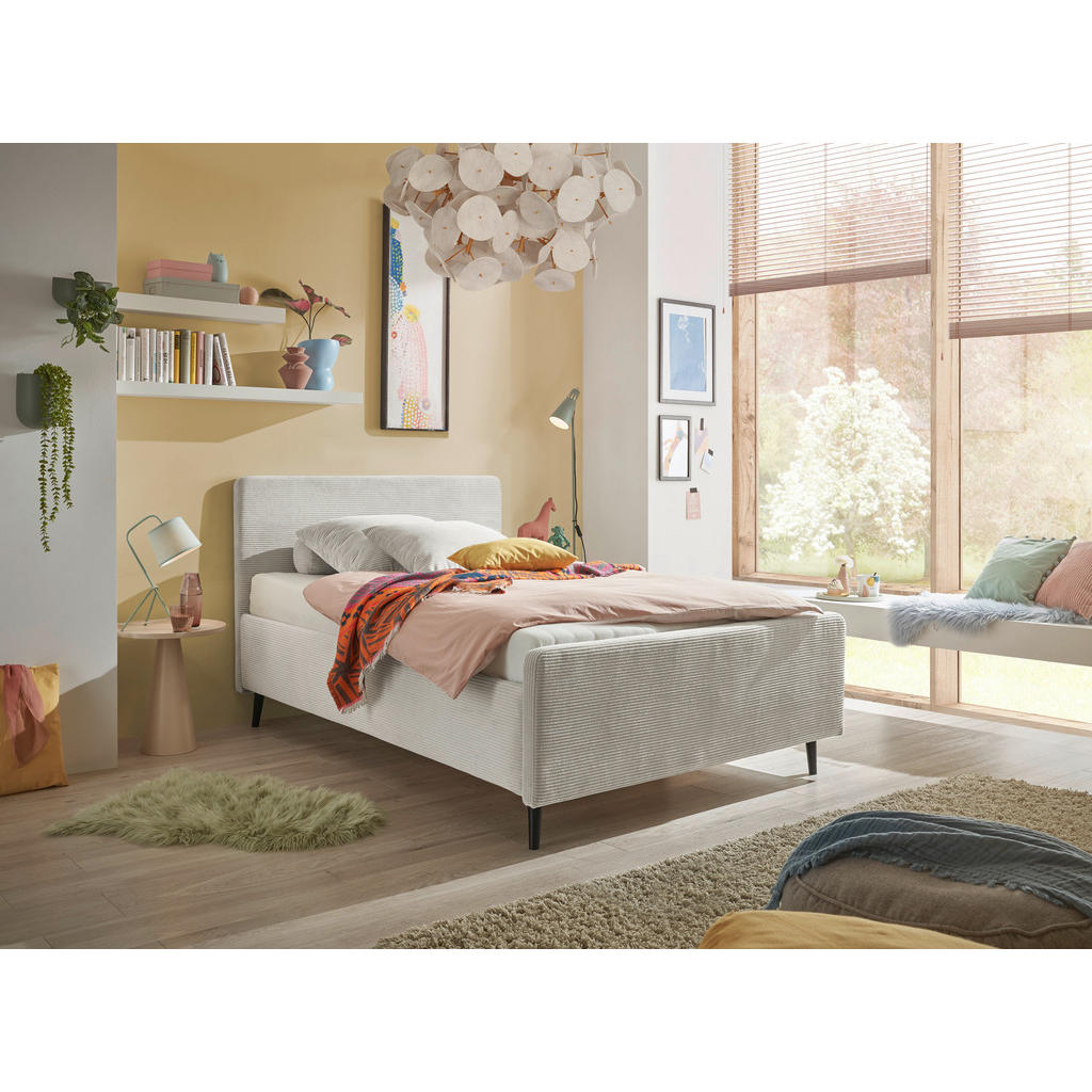OBLAZINJENA POSTELJA 120 cm x 200 cm , tekstil, leseni material krem barve