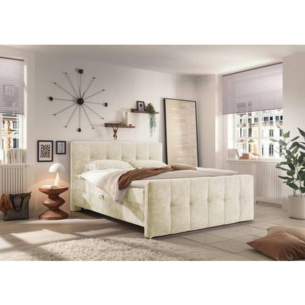 POSTELJA Z VZMETNICO 160 cm x 200 cm , tekstil, leseni material krem barve - slika 2