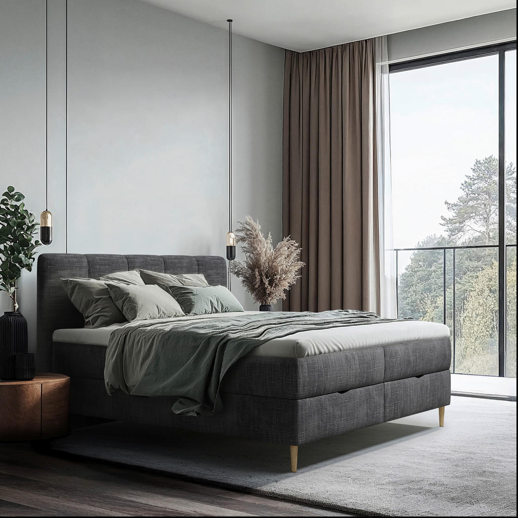 POSTELJA Z VZMETNICO 160 cm  x 200 cm , les, tekstil, leseni material antracit