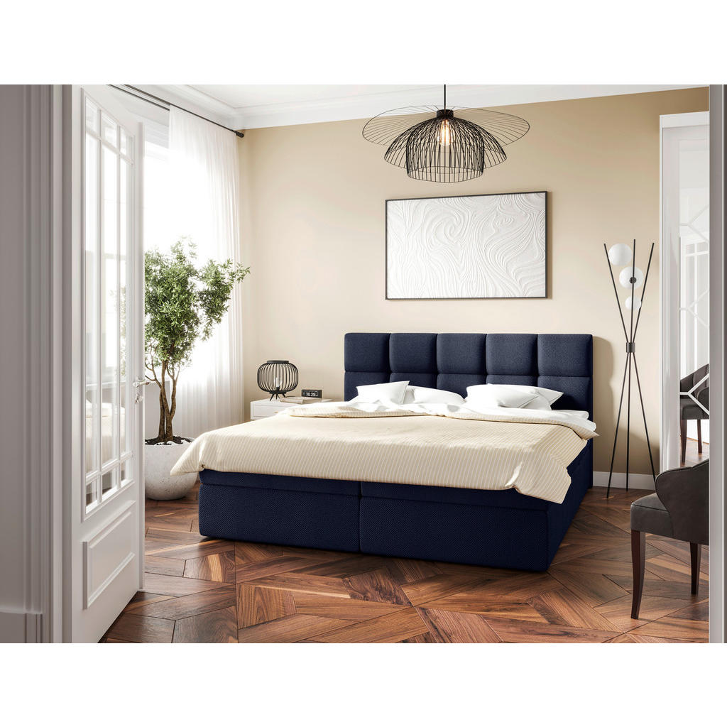 POSTELJA Z VZMETNICO 160 cm  x 200 cm , les, tekstil, leseni material temno modra