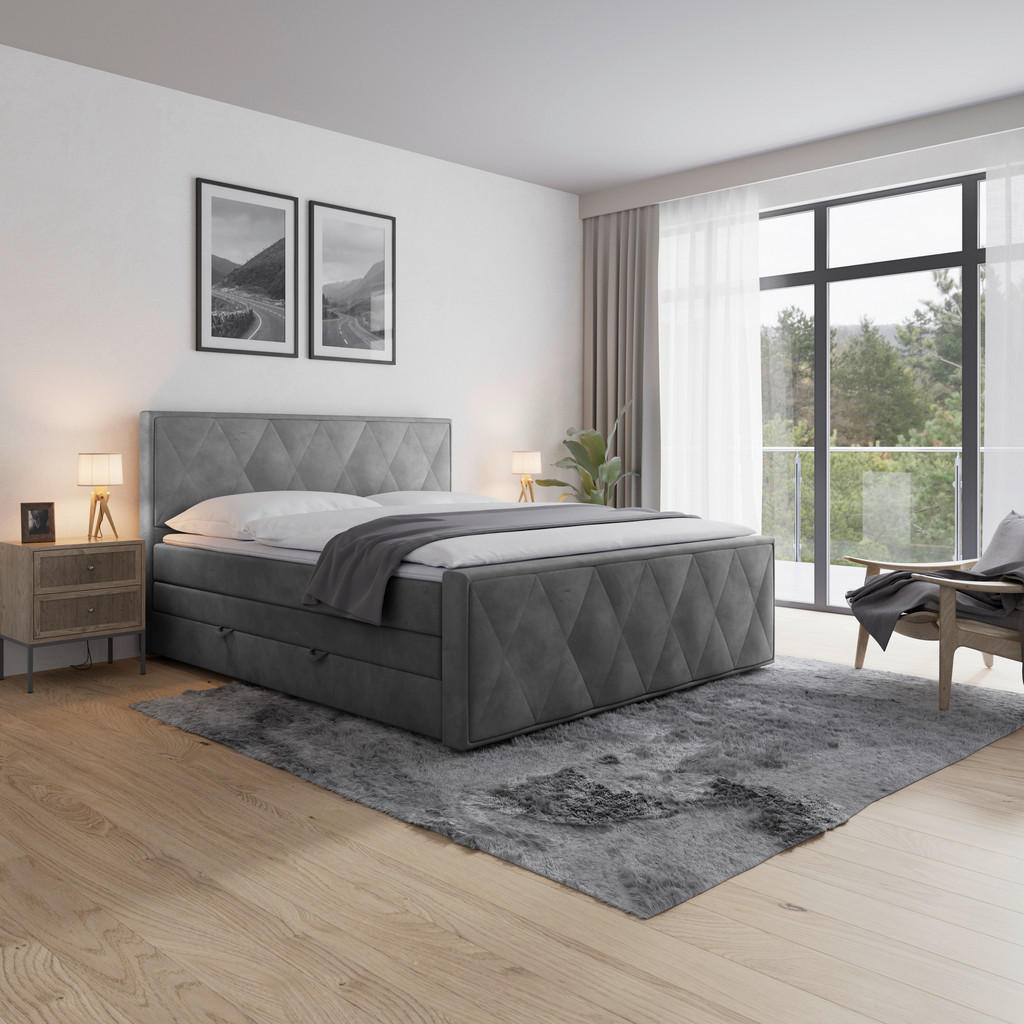 BOXSPRING POSTELJA 180 cm x 200 cm , kovina, umetna masa, tekstil, karton, leseni material svetlo siva