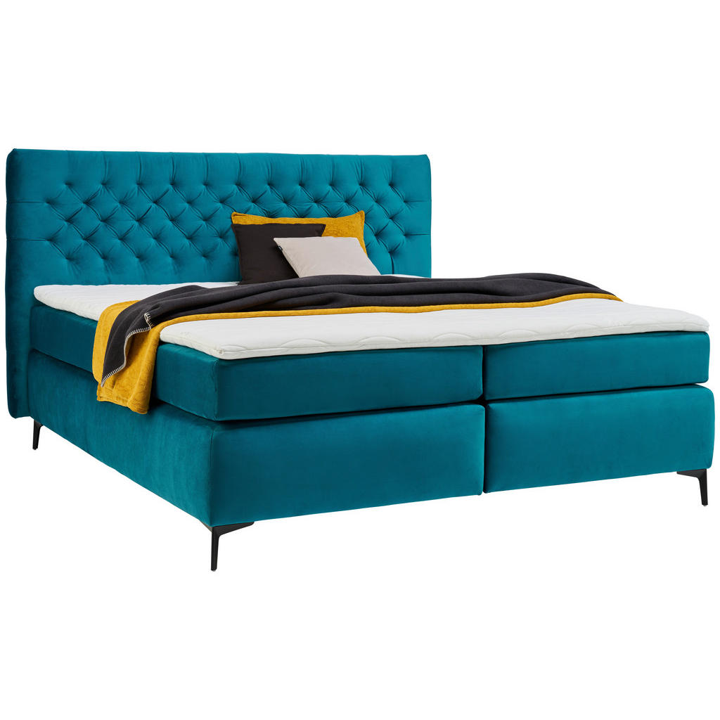 BOXSPRING POSTELJA 160 cm x 200 cm , tekstil, leseni material turkizna