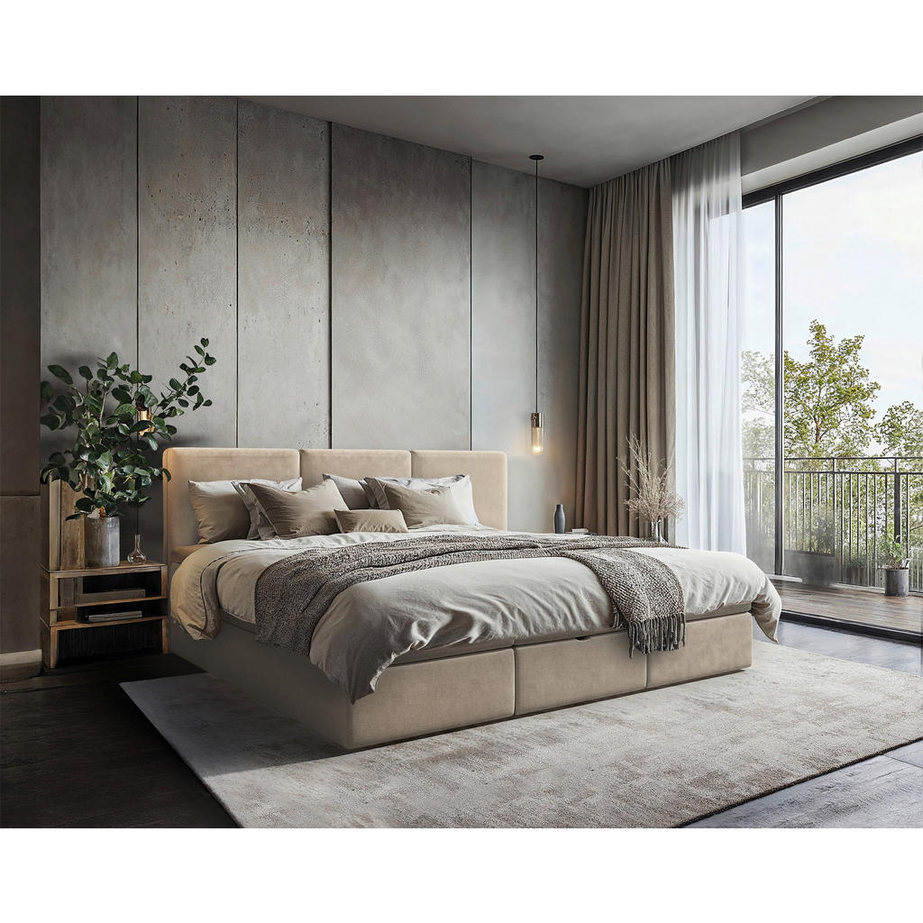 DRUŽINSKA POSTELJA 210 cm x 200 cm , les, tekstil, leseni material bež