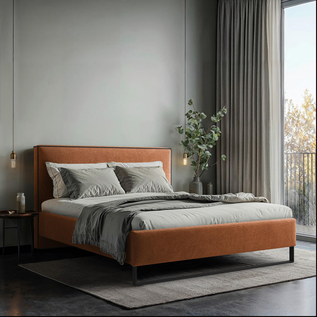 OBLAZINJENA POSTELJA 140 cm x 200 cm , les, tekstil, leseni material opečnato rjava