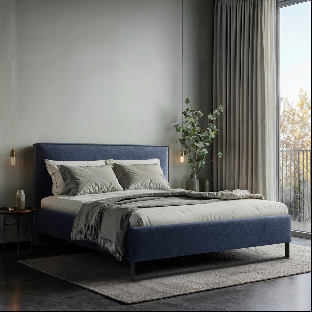 OBLAZINJENA POSTELJA 140 cm x 200 cm , les, tekstil, leseni material temno modra