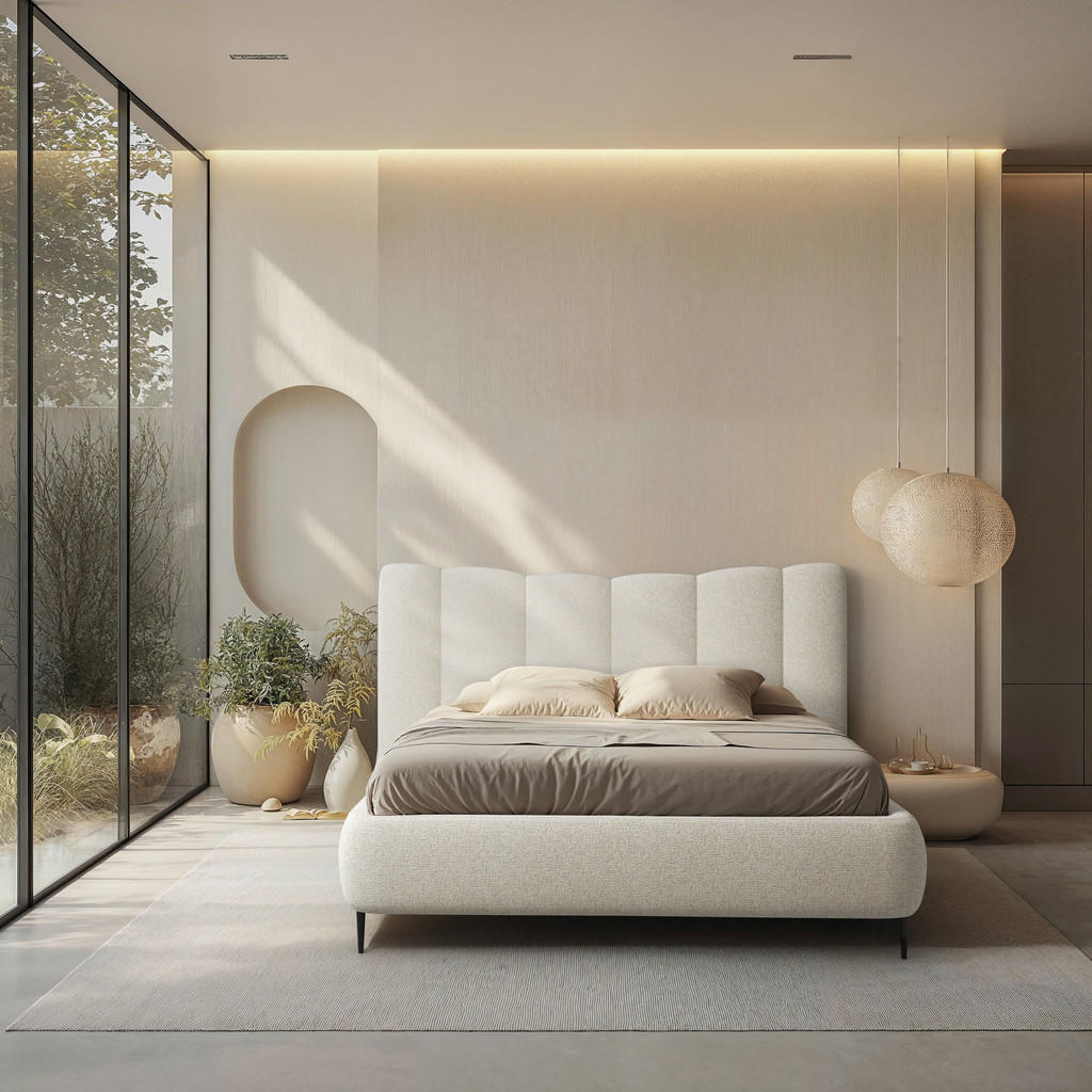 OBLAZINJENA POSTELJA 180 cm x 200 cm , les, tekstil, leseni material krem barve