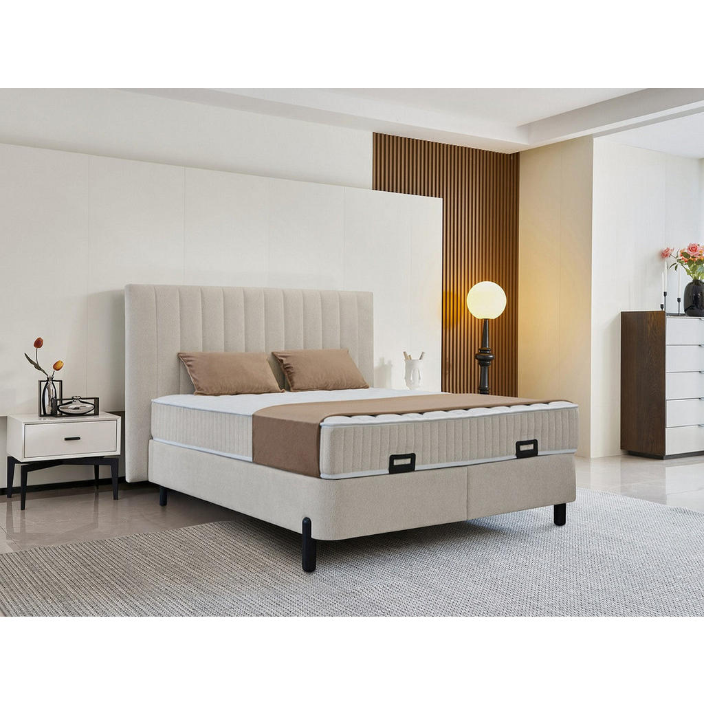 POSTELJA Z VZMETNICO 160 cm  x 200 cm , kovina, umetna masa, tekstil, leseni material bež