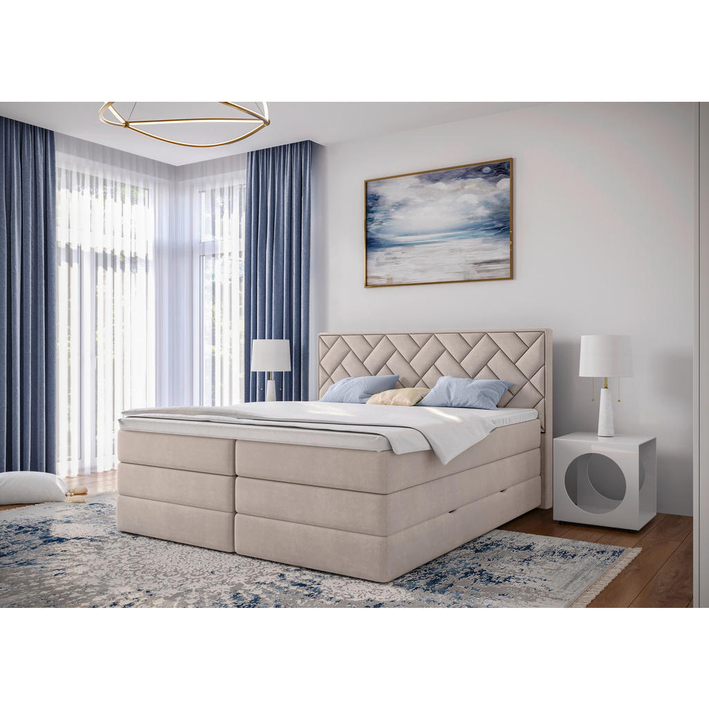 BOXSPRING POSTELJA 160 cm x 200 cm , tekstil, leseni material bež