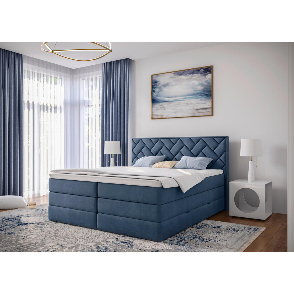 BOXSPRING POSTELJA 180 cm x 200 cm , tekstil, leseni material temno modra