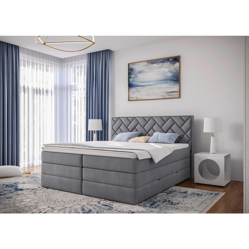 BOXSPRING POSTELJA 180 cm  x 200 cm , tekstil, leseni material srebrne barve