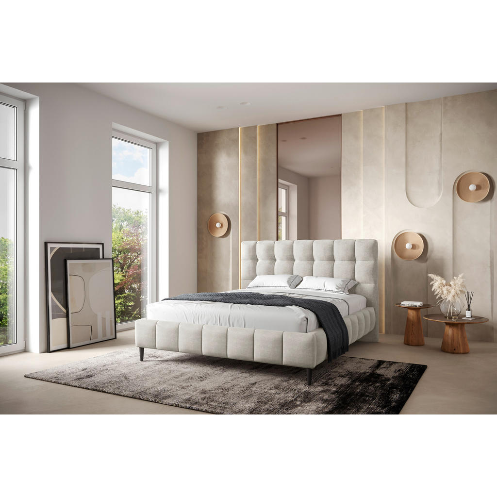 OBLAZINJENA POSTELJA 180 cm x 200 cm , tekstil, leseni material bež