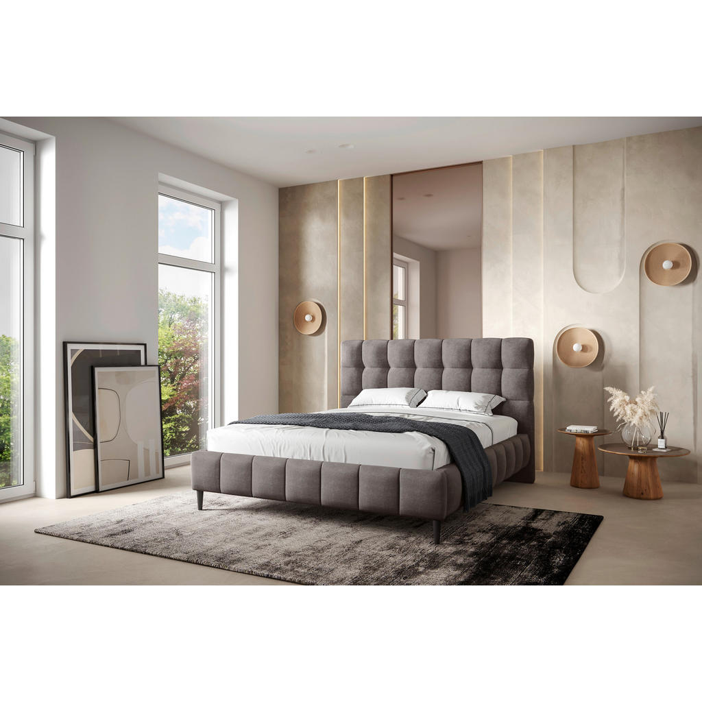 OBLAZINJENA POSTELJA 160 cm x 200 cm , tekstil, leseni material umazano rjava