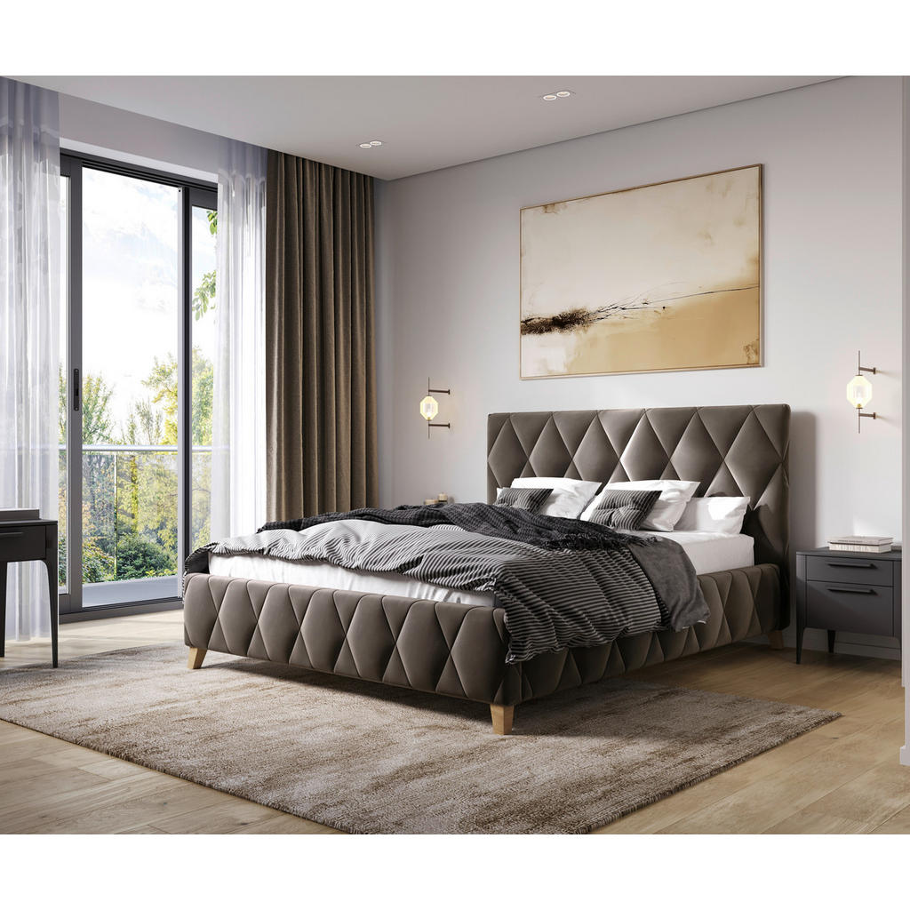 OBLAZINJENA POSTELJA 160 cm x 200 cm , les, kovina, tekstil, leseni material umazano rjava