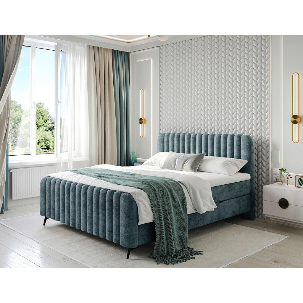POSTELJA Z VZMETNICO 200 cm  x 200 cm , les, tekstil, leseni material naravne barve, barve petroleja