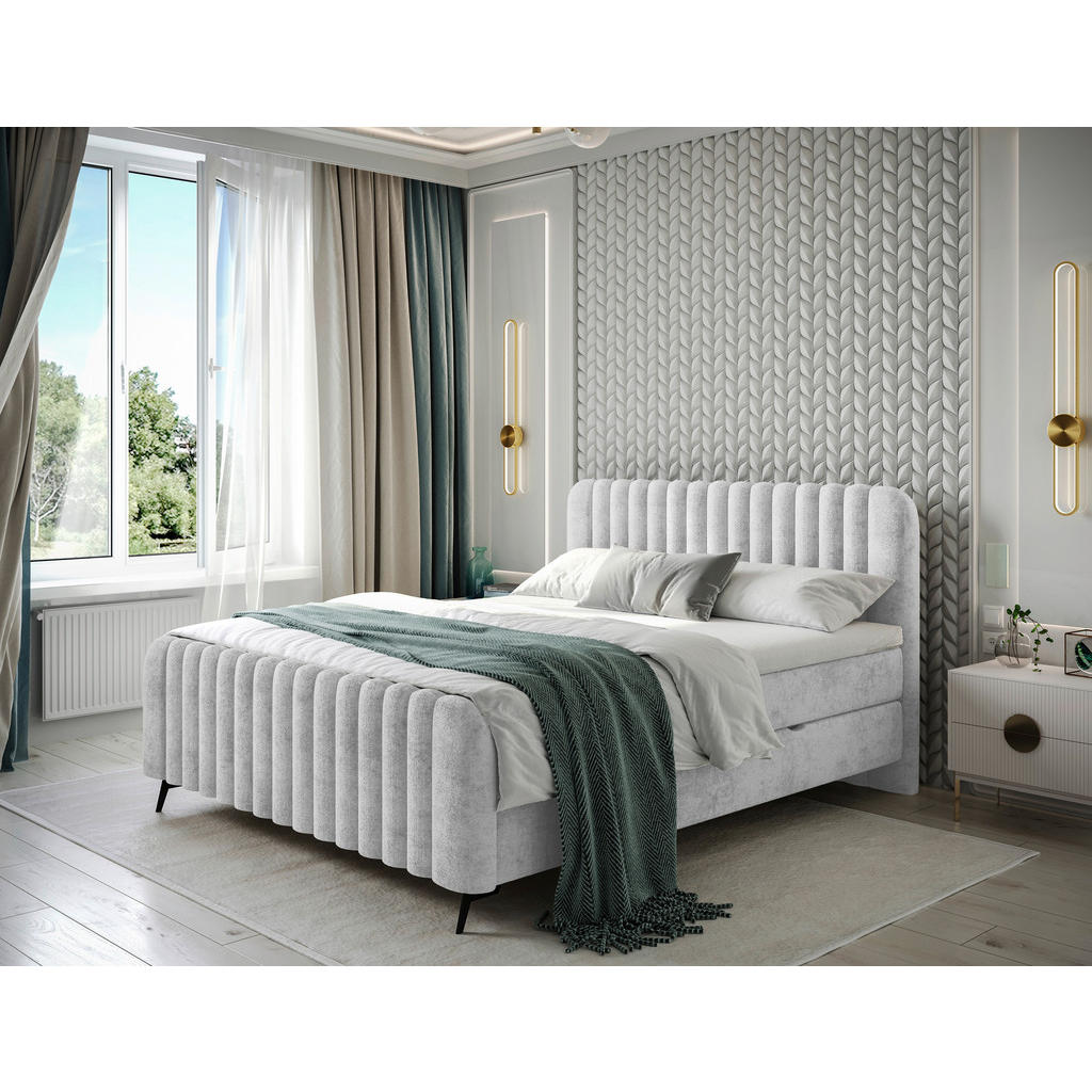 POSTELJA Z VZMETNICO 180 cm  x 200 cm , les, tekstil, leseni material svetlo siva