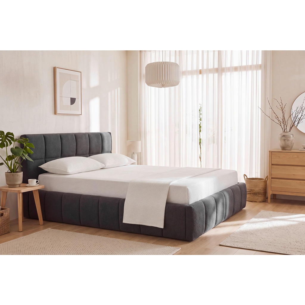 OBLAZINJENA POSTELJA 140 cm x 200 cm , les, kovina, tekstil siva
