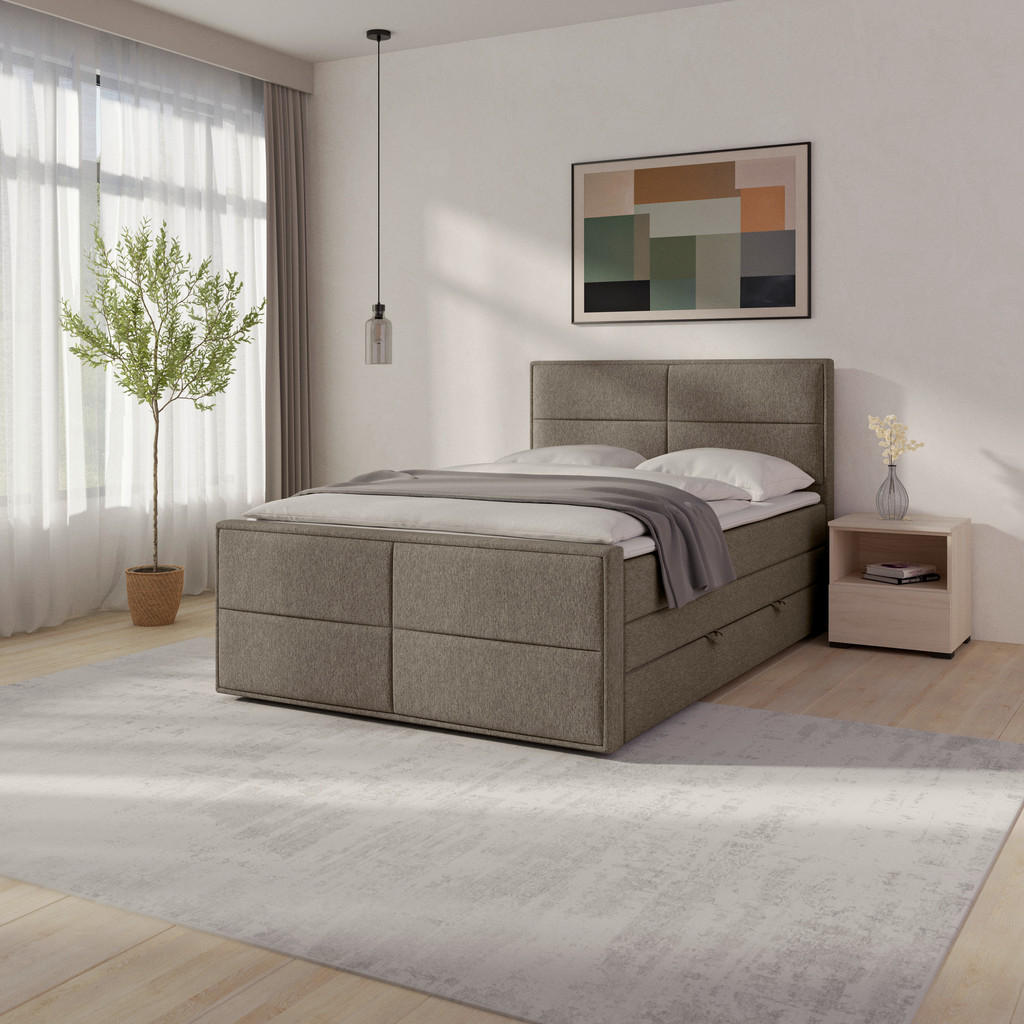 BOXSPRING POSTELJA 140 cm x 200 cm , les, kovina, umetna masa, tekstil bež
