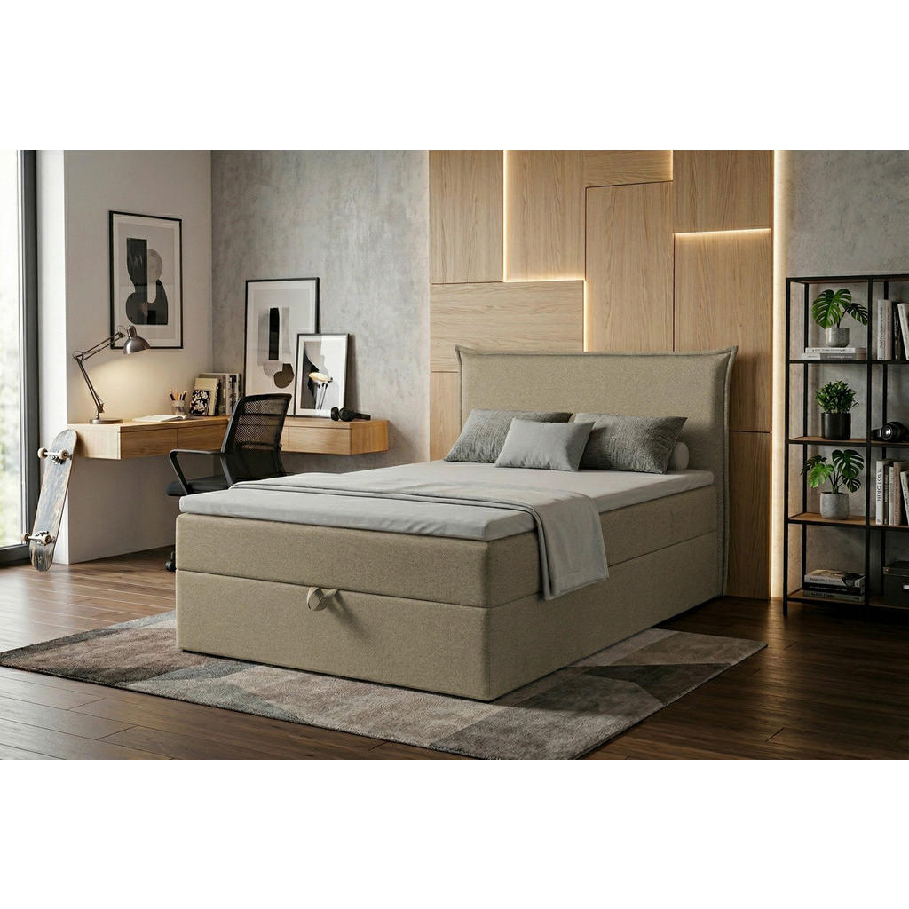 POSTELJA Z VZMETNICO 120 cm x 200 cm , tekstil, leseni material bež