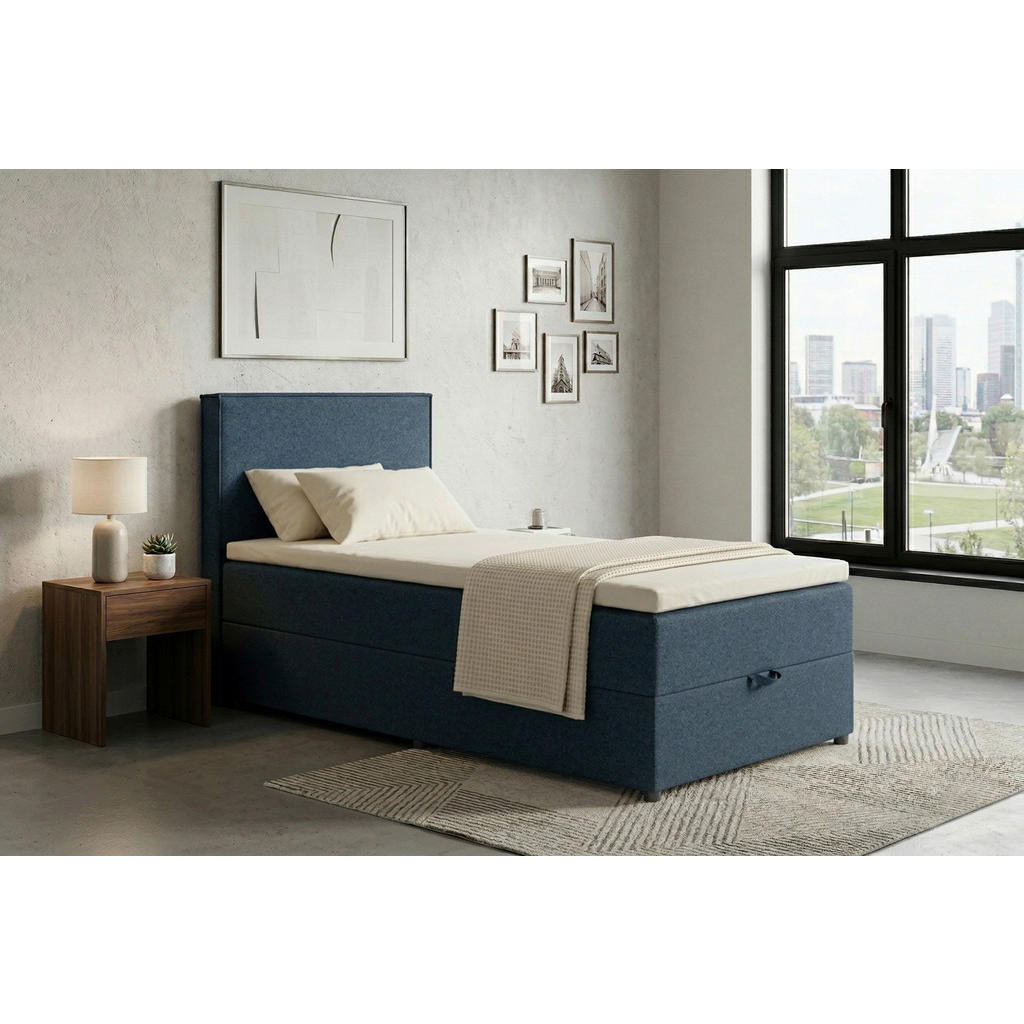 POSTELJA Z VZMETNICO 100 cm x 200 cm , tekstil, leseni material temno modra